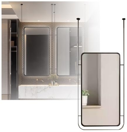 Deckenspiegel, hängender quadratischer Spiegel mit Hintergrundbeleuchtung, an der Decke hängender beleuchteter Spiegel mit Doppelstange, für Badezimmer, Waschraum, Hoteleingang, Garderobe, Geschäft,