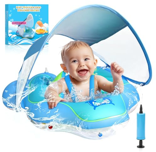 BNEHHOV Salvagente Neonato Ciambella Neonato con Parasole Piscina Neonato 6-36 Mesi Salvagente con Mutandina Rimovibile Caratteristiche Antiribaltamento Baby Pool Float UPF50+ Protezione UV