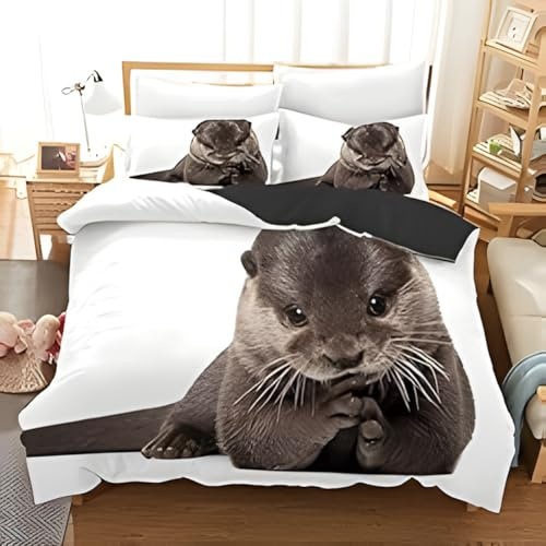 Qiwagu Bettwäsche 135x200 Otter, Tiere Bettwäsche-Sets aus Weiche Atmungsaktiv Microfaser, Bügelfrei Wendebettwäsche Bettbezug 135 x 200 und Kissenbezug 80x80 cm für Einzelbett, Z04