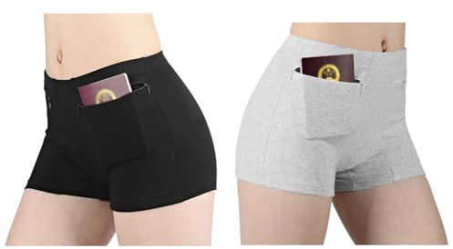 Biancheria intima antifurto delle donne con tasca segreta mutandine femminile per viaggio vacanza soldi carta passaporto sicurezza protezione, nero/grigio (confezione da 2), XS(Tag L)