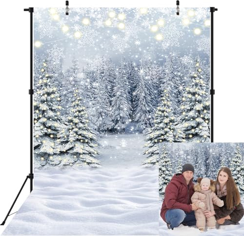 Winter Waldszene Hintergrund Glitzer Schnee Wunderland Kiefer Baum Fotografie Hintergrund Winter Weihnachten Neujahr Feiertags Party Dekor Foto Hintergrund (150x210cm (5x7FT))