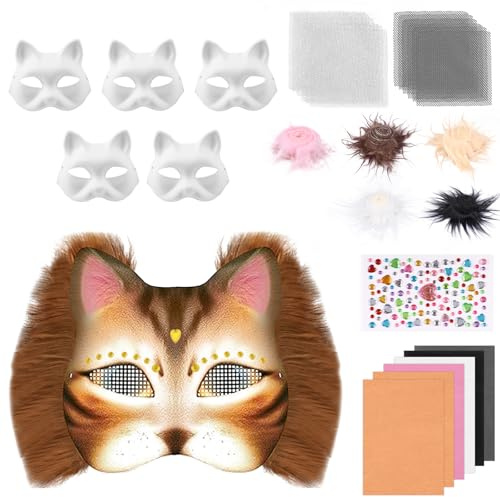 Alongen 6 Stück Katzenmaske DIY Blank Masken Basteln Set mit Blanko Katzenmaske, Kunstpelz, Augennetz und Filztuch, DIY Furry Tiermasken Katzenmasken für Halloween, Karneval, Maskerade, Party Cosplay
