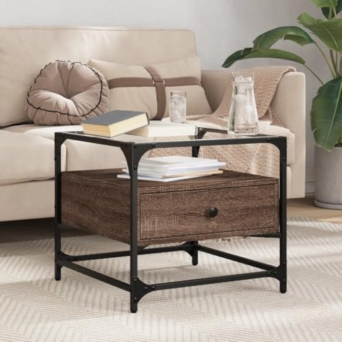 INLIFE Couchtisch mit Glasplatte Braun Eichen-Optik 50x50x45 cm Stahl,Möbel,Tische,Ziertische,Couchtische,Braun,15.6 KG,846053