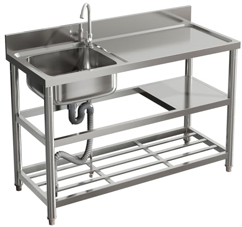 Warmiehomy Commercial Restaurant Sink Stainless Steel Single Bowl Kitchen Sink Unit 3 Tier Free Standing Sinks with Storage Shelf Outdoor Camping Washbasin with Drainer Kit, 120x50x89.5cm