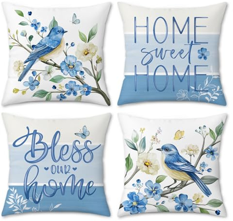 Bonhause Blau Blumen Vögel Kissenbezüge 45 x 45 cm Samt Soft Dekorative Kissenhülle Zierkissenbezüge für Sofa Schlafzimmer Auto Zuhause Dekoration 4er Set
