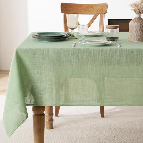 FIBORIA Sage Green Table Cloth Faux Linen Rectangular 140x200 cm Wipeable Water Resistant Table Cover Washable Tablecloths for Birthday Dining Kitchen Garden Party Picnic Outdoor Decor, 55x78 inch