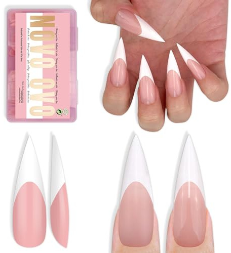 NOVO OVO White French Tip Long XL Sharp Stiletto Nail Tips Press on BABY PINK, Soft Gel Double Matte Fake Nail Extension, Full Cover False Nails for Acrylic DIY x 16 Sizes 160 pcs