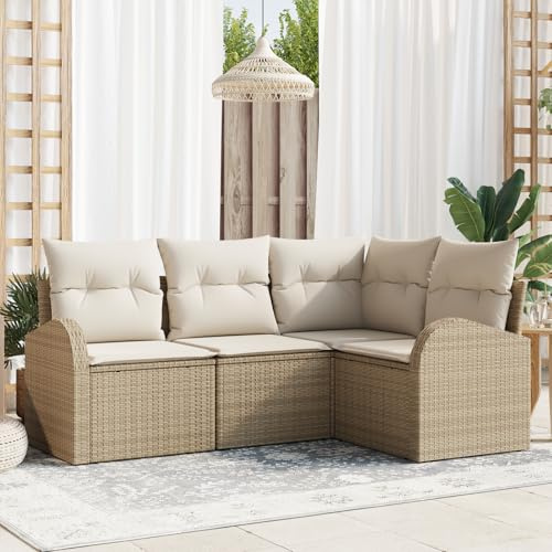WEMYUFURN Outdoor Ecksofa Set aus synthetischem Rattan mit wetterfestem Polyester, beige und braun, für 5 Personen, freistehend, pflegeleicht, Gartenmöbel Terrassenmöbel