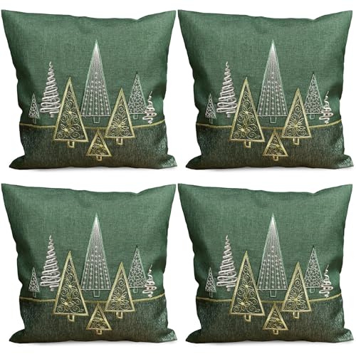 matches21 HOME & HOBBY Kissenbezug 40x40 cm Weihnachten dunkelgrün mit Tannenbaum - 4er Set Kissenhüllen als Weihnachtsdeko