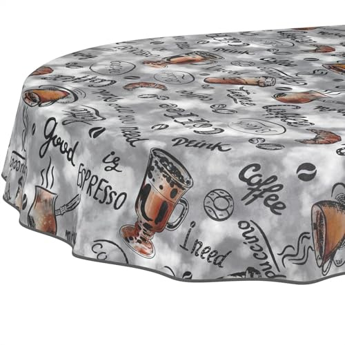 Wachstuchtischdecke Tischdecke abwaschbar Wachstischdecke pflegeleicht wasserabweisend Lotuseffekt Gartentischdecke Coffee Kaffee Oval 180 x 140 cm mit Saum (Eingefasst)