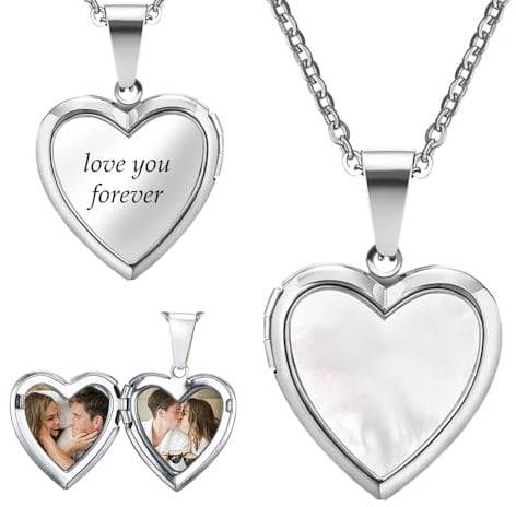 Ashleymade Personnalisé Photo Argent Collier Gravure Avec Pendentif Photo En Forme De Coeur Simulation Pierre De Naissance Souvenir Colliers Cadeau Fête Des Mères Saint Valentin Noël (A-Argent)