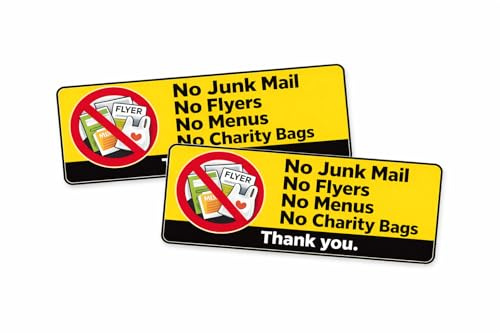 2 Pack - No Junk Mail Letterbox Sticker – No Flyers, Menus or Charity Bags | Self Adhesive Door Sign | Highly Visible Yellow | 150mm x 60mm
