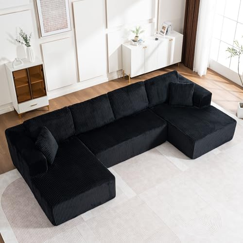 MODENVIE Sofa U Form Dreisitzer Modulares Design Big Sofa Ohne Montage Cord Optik mit Kissen Als Relax und Schlafsofa Für Wohnzimmer Schwarz