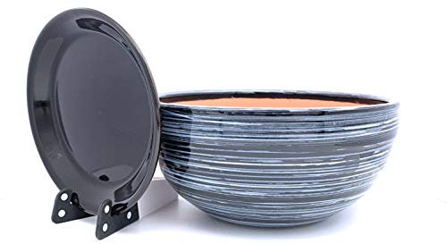 Sun Cakes Pot de Fleurs en céramique émaillée avec Soucoupe Ronde en Terre Cuite avec Plateau d'égouttement - Couleur Argile - 26 cm x 13 cm - Noir