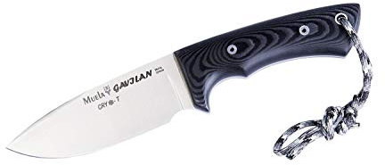Muela Cuchillo GAVILAN-M CRYO-T hoja de acero MoVa criogenizado de 12,5 cm y empuñadura de micarta negra para Caza, Pesca, Supervivencia y Bushcraft Realizado en Ciudad Real + Portabotellas de regalo