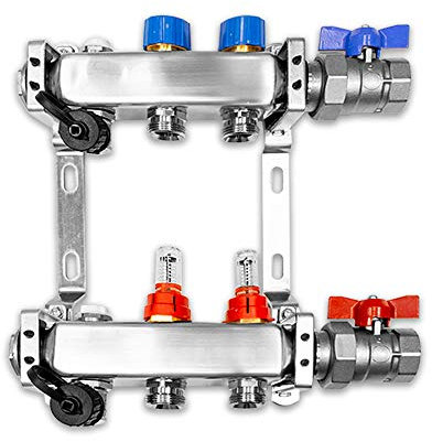 Verteiler für Fußbodenheizung, 2 Heizkreise, inkl. waagerechter Anschlussgarnitur Set