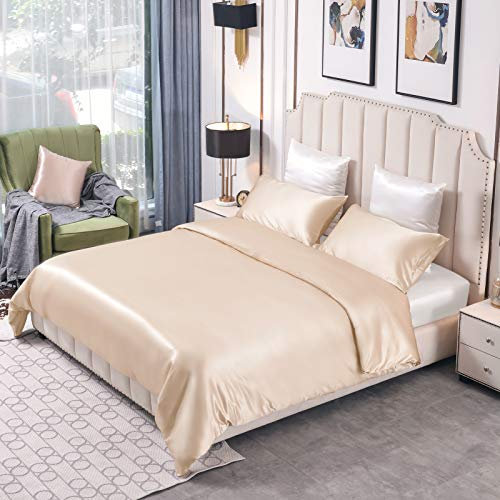 THXSILK 25 Momme Seidenbettwäsche Set 3 teilig, Bettbezug 240 x 220 cm und 2 Kissenbezüge 40 x 80 cm, Hypoallergen Maulbeerseide Bettwäsche Set, Ultra Weich und Glatt, Champagner