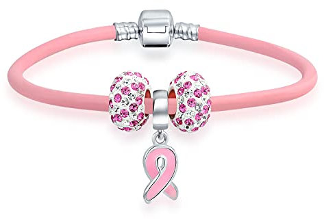 Bling Jewelry Support Breast Cancer Survivor Cristal Pink Ribbon Multi European Bead Charm Bracelet En Cuir Rose Véritable Pour Femmes .925 Argent Sterling Barrel Clasp 7 Inch