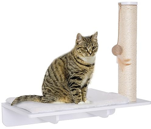 PawHut Kletterwand Katzen, Wandkratzbaum, Katzenliege mit Kratzbaum,53cm Katzenregal mit Ballspielzeug, Plüschauflage, Katzenkratzbaum, Katzensäule, Weiß
