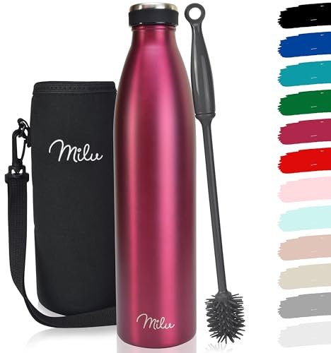 Milu Edelstahl Trinkflasche 350ml 500ml 750ml 1L 1,5L Thermosflasche, Isolierte Wasserflasche, Auslaufsichere Isolierflasche doppelwandig, Kohlensäure geeignet – inkl. Reinigungsbürste (Berry, 750ml)