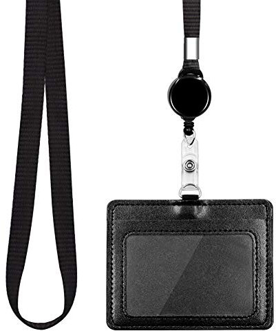 HONZUEN Ausweishülle mit Band Leder,Ausweishalter Ausziehbar Leder Horizontal Kartenhalter Kartenhülle mit Band für ID Card,Badge Holder Business Ausstellung Büro Kartenhalter,Schwarz