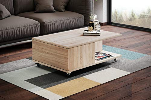Design Couchtisch Tisch Vienna Sonoma Eiche Wohnzimmertisch mit Rollen 90x60x38cm Staufach