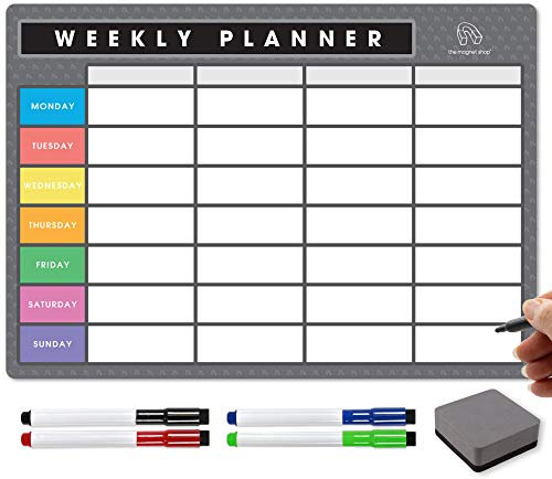 TMS A4 Magnetic Weekly Planner and Organiser | Customisable Whiteboard for Family, Business Tasks, Meal Planning | with 4 Premium Magnetic Dry Wipe Pen (Grey/Multi-Coloured Style 2 A4)