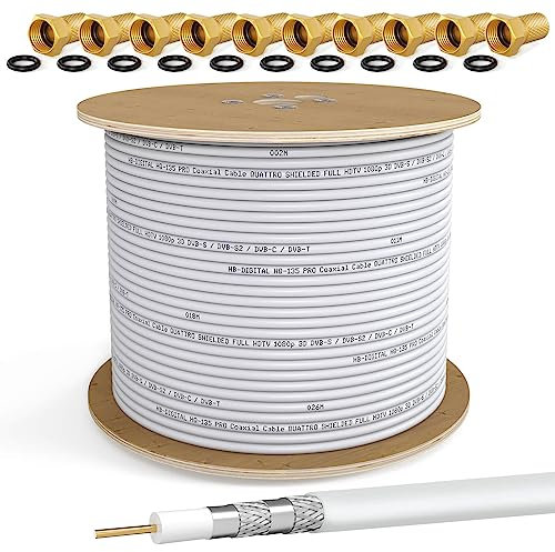 HB-DIGITAL 500m SAT Koaxial Kabel 135dB 8K 4K UHD 4-Fach geschirmt für DVB-S / S2 DVB-C / C2 DVB-T / T2 DAB+ Radio + inkl. 10x vergoldete F-Stecker BK Anlagen - Stahl/Kupfer Innenleiter - Weiss