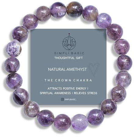 SIMPLÍ BASIC Natural 8MM Purple Amethyst Crystal Stone Healing Bracelets for Women and Men with Attractive Jewellery Gift Box|Gifts for Her and Him
