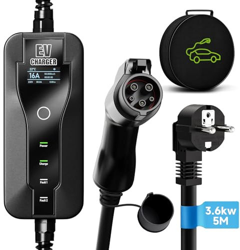 AFYEEV Typ 2 Ladekabel, 3.6kW Ladekabel Typ 2, EV Ladegerät mit Schuko Stecker, Einstellbarer Strom 8A/10A/13A/16A, Ladekabel Elektroauto Typ 2 mit Tasche, 5 Meter (SAE J1772)