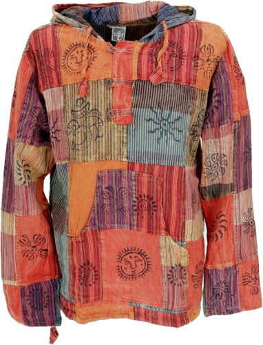 GURU SHOP Yoga Hemd, Goa Hemd, Unikat Patchwork Freizeit Kapuzenshirt | Leichtes Sweatshirt, langärmlig, Baumwolle, normale Passform, Kängurutasche, einzigartiges Design.