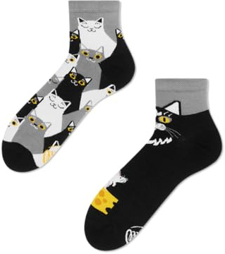 Many Mornings Bunte Lustige Katzensocken BLACK CAT QUARTER 35-38 Damen Herren Unisex Baumwollsocken mit schwarzem Katzenmotiv Witzige Geschenkidee