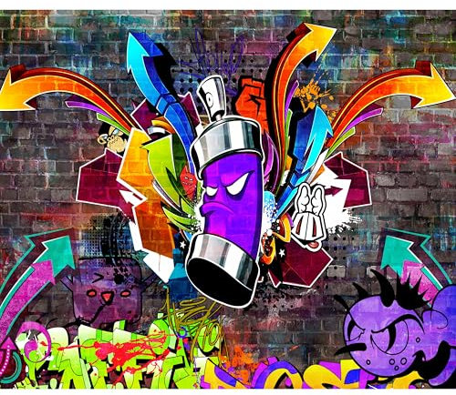 decomonkey - Papier Peint Panoramique Adhésif Graffiti Street art 196x140 cm - Marron vert violet jaune - Brique graffiti coloré urbain moderne texture fond enfant d'âge préscolaire adolescent