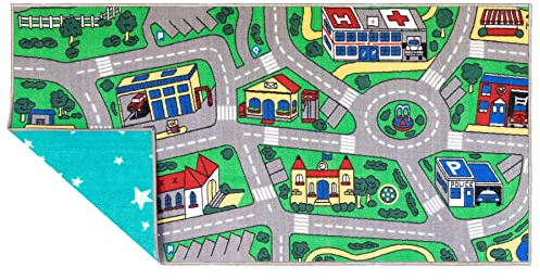 Primaflor Spielteppich mit City Star-Design - Spielteppich für Kinder 100 x 200 cm - pflegeleichter Kinderteppich mit Straßen