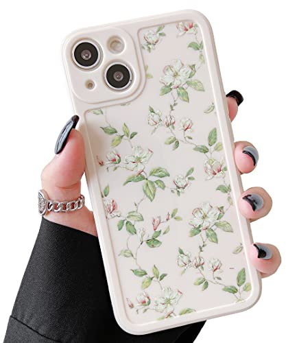 ZTOFERA Compatible with iPhone 14 Floral Case for Girls Women, Flexible Silicone Protective Phone Case with Cute Flower Leaves Pattern Ultra Slim Shockproof Bumper Cover for iPhone 14, Beige