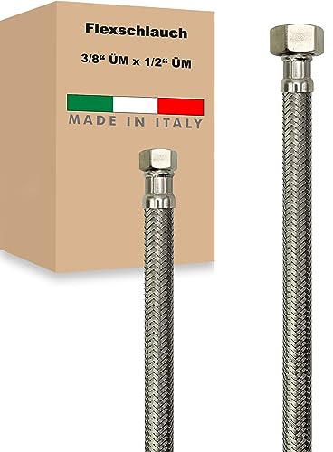 Flexschlauch ÜM x ÜM Edelstahl Panzerschlauch Anschlußschlauch Sanitär Armaturenschlauch Hauswasserwerk Made in Italy (3/8 x 1/2 - 1200 mm)