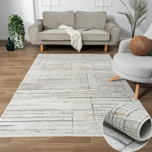 MY-RUG Teppich Peder rechteckig Creme 230 x 160 cm Wohnzimmerteppich, Badezimmer oder die Küche in Beige Grau und leicht flauschig