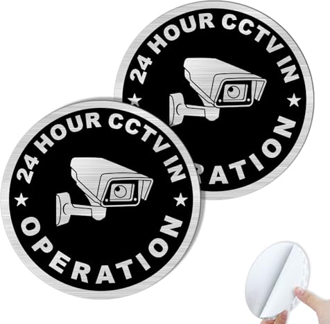 SINMAO CCTV 24 Hour Surveillance Sign Self-Adhesive Aluminum Brushed Small Round Dia-10cm Waterproof for Home Indoor Outdoor Cars etc. 2 Pack