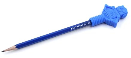 ARK® Beiß- und Kauaufsatz für Stifte in verschiedenen Stärken und Formen + Bleistift - Sensory Kauaufsatz, Beißblock, Kauen, Zahnen, (fest, königsblau, Roboter)