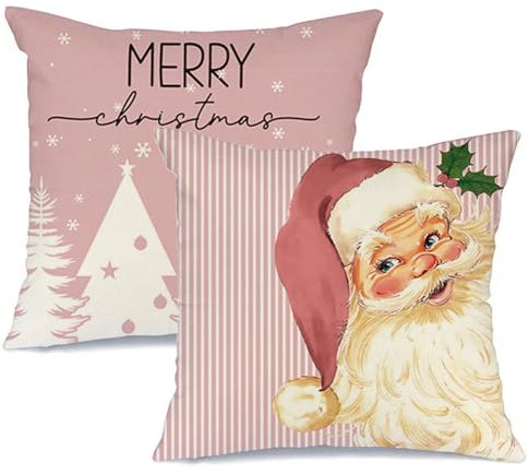 RABUSOFA Set di 2 federe per cuscini natalizie, 45 x 45 cm, decorazioni per albero di Natale, federe decorative per cuscini con Babbo Natale, colore rosa, per divano invernale e per casa (28)