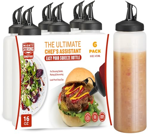 MIGHTY STRONG 6 Pack Condiment Squeeze Bottles 16 Oz –Easy Pour Sauce Bottles With Leak Proof Snap Cap, Plastic Squeeze Bottles For Sauces, Condiment Bottles, Condiment Containers, SP020