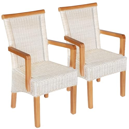 Amago home Esszimmer Stühle Set 2 Stück mit Armlehnen Rattanstühle weiß Perth Rattan Korbstühle nachhaltig Farbe ohne Sitzkissen
