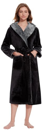 Ymmchy Bademantel mit Kapuze Damen Flauschig Morgenmantel Warm Lang Bademäntel Fleece Saunamantel Schwarz L