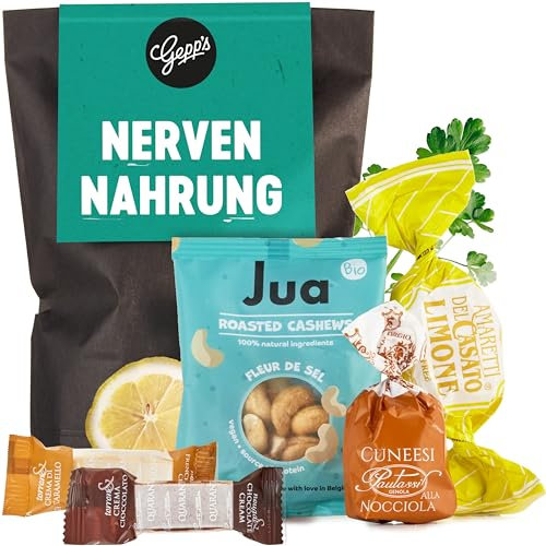 Gepp’s Feinkost Mini Geschenkset “Nervennahrung“ I Anti-Stress Geschenk mit Fleur de Sel Cashewnüssen & Konfektkunst I Geschenkidee für Nervenruhe & Stressabbau im Studium oder Büro