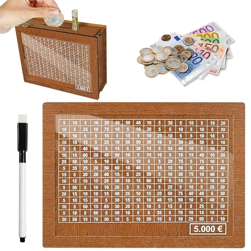 Spardose aus Holz, Wiederverwendbare Spardose, Sparschwein mit Marker, Sparbox mit Zahlen ankreuzen, mit Acrylplatten, für Hilft Erwachsene und Kindern Die Gewohnheit Zum Sparen (5000€)