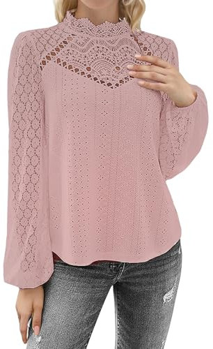 TAN.TOMI Camicette Donna Manica Lunga Casual e Confortevole, Popolare Pizzo Top Donne Eleganti Camicette Di Buona Qualità, rosa antico, S