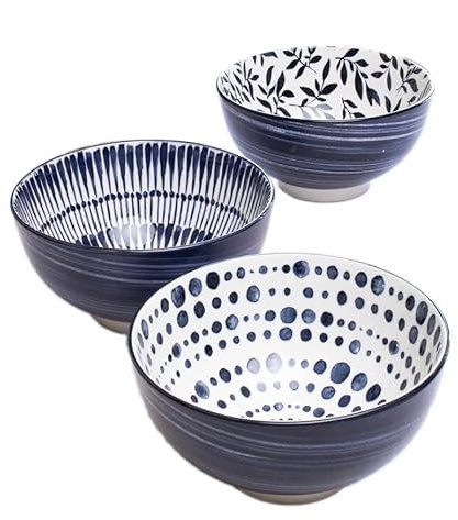 Set of 6 Mediterranean Cereal Bowls Blue & White Patterned Ceramic Dessert Dish