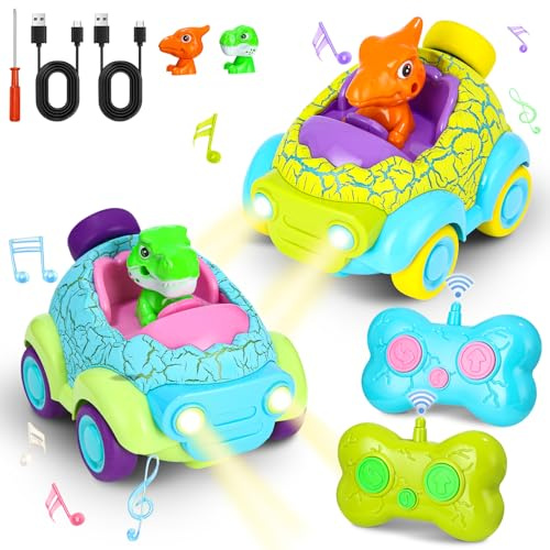 Azyvum 2 Stück Ferngesteuertes Auto für Kinder - Dinosaurier RC Auto Set Mit Lichtern und Musik - Dino Spielzeug Geschenke für Ab 3 Jahre