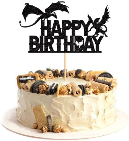 ZpiLkes Dragon Happy Birthday Cake Topper Black Glitter Fantasy Birthday Cake Pick Decoration for Medieval Dragon Theme Baby Shower Kids Birthday Party Cake Supplies