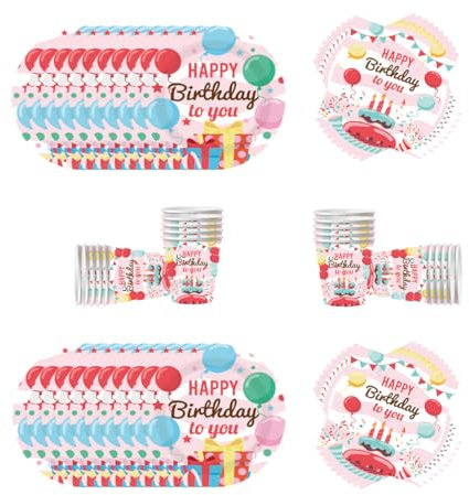 60 Piezas Vajilla para fiestas con globos de colores,Vajilla de decoración para fiestas de donuts,Productos para fiestas de cumpleaños infantiles,Vasos, Platos y Servilletas de Papel,20 personas